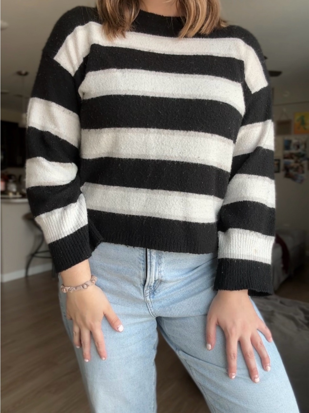 Divided Black & White Striped Crewneck Sweater Size Small Cozy Oversized